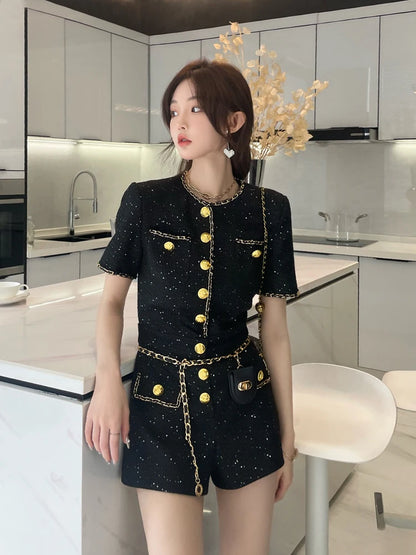 French Style Women Short Sleeve One Piece Tweed Playsuit O Neck Single Breasted Elegant Ladies Slim Fit Jumpsuit Casual Rompers