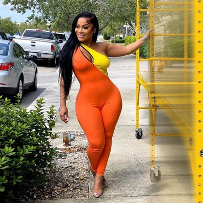Women Patchwork Jumpsuits Skinny Rompers Full Lenth Sleeveless One Shoulder Top Pencil Pants Slim Office Lady Casual 2026 Summer