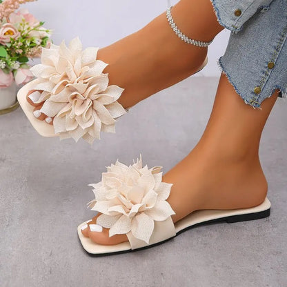 Women Flat Slippers 2026 Summer New Solid Color Sandals Flowers Open Toes Slippers Casual Fashionable Beach Shoes Slides Women