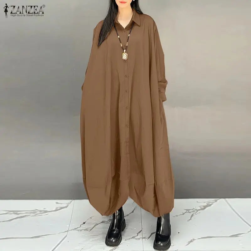 ZANZEA Women's Oversized Jumpsuits Collared Long Sleeves Button Up Drop-Crotch Harem Pant Overalls Casual Streetwear Playsuits