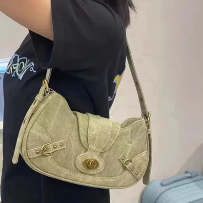 Y2k Vintage Shoulder Bag American Street Style Rivets Green Canvas Handbag Gothic Punk Biker Cool Designers Underarm Bag Handbag