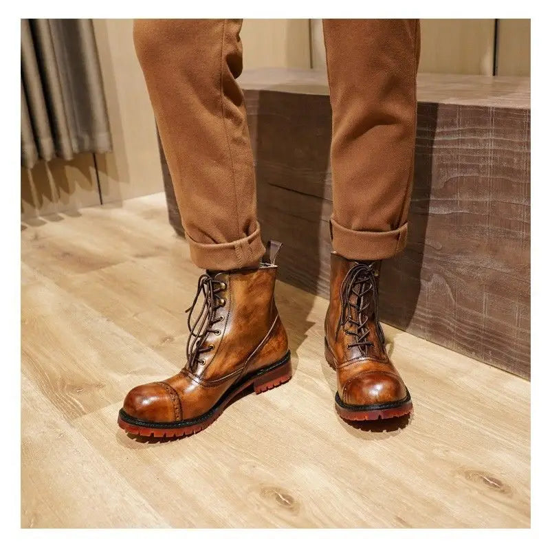 Fashion Cow Genuine Leather Motorcycle Boots Brogue Shoes Retro High Big Head Men's Mid-calf Chelsea Boots For Men Brown