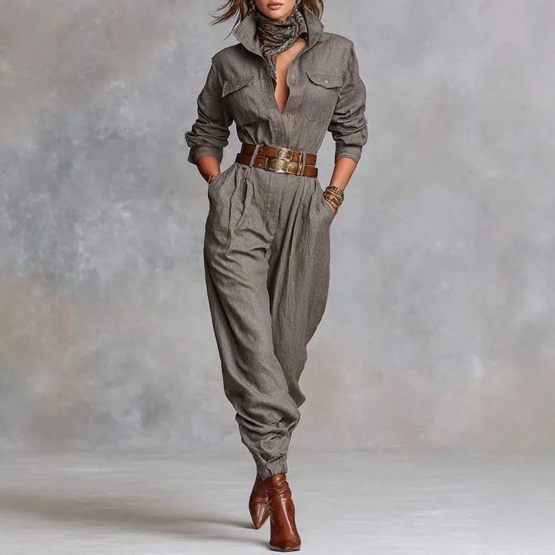 Retro Solid Color Button Lapel Shirt Jumpsuits Woman Fashion High Waist Slim Bodysuits Romper Autumn Long Sleeve Pocket Overalls