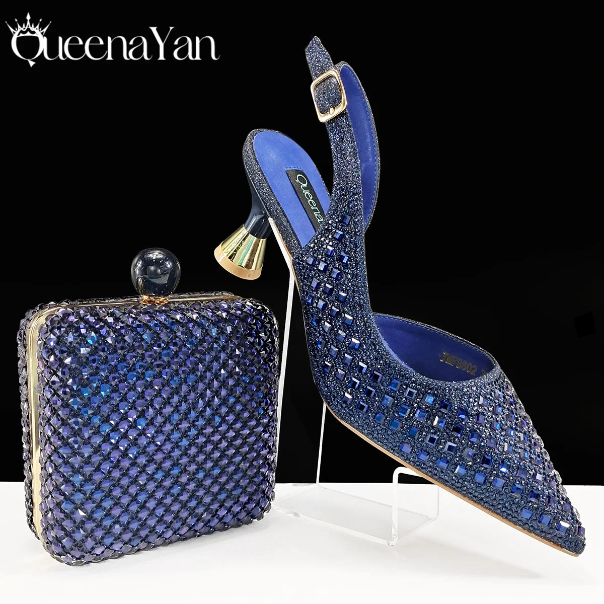 Queena Yan 2026 Italian Design Rhinestone Luxury Navy Blue Pointed Toe Shoe & Bag Set Women High Heels for Parties High Quality