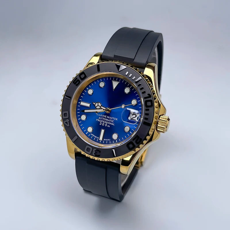 NH35 Automatic Watch Men 40MM Full Gold YM Ceramic Bezel Two-Way Rotating Sapphire Glass Luminous Luxury Rubber Strap for Man