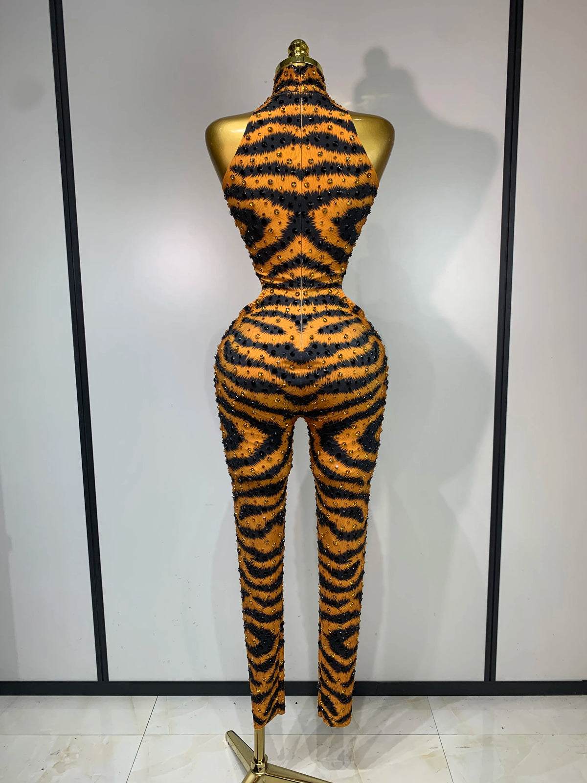 Sparkly Rhinestone Tiger Pattern Tight Fitting Jumpsuit Evening Party Sexy Nightclub DJ Stage Performance Outfit