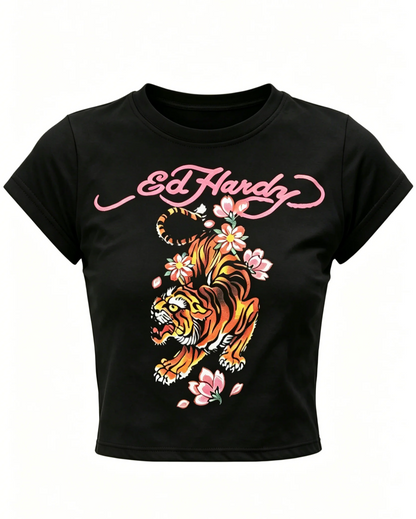 2026 new American retro summer tiger print short sleeved round neck spicy girl top street punk trend niche casual versatile ins