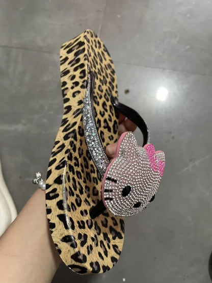 Hello Kitty Rhinestone Flip Flops Leopard Print Y2K Women Bling Non-Slip Summer Beach Casual Thong Sandals Indoor Outdoor