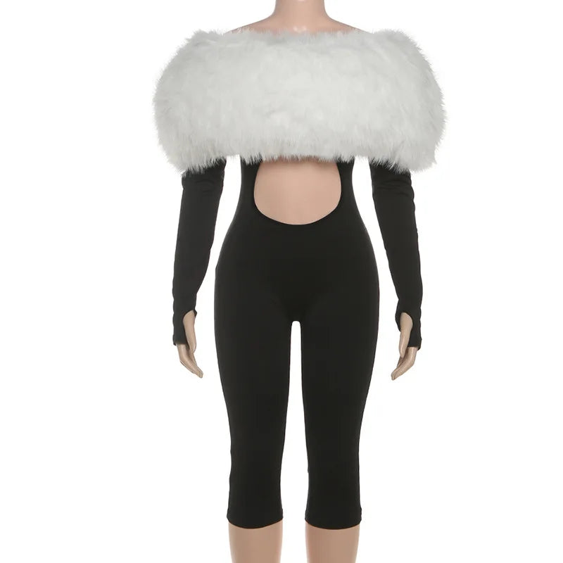 Women Off Shoulder Faux Fur Jumpsuit Long Sleeve Cutout Front Capri Jumpsuits Party Clubwear Bodycon Rompers