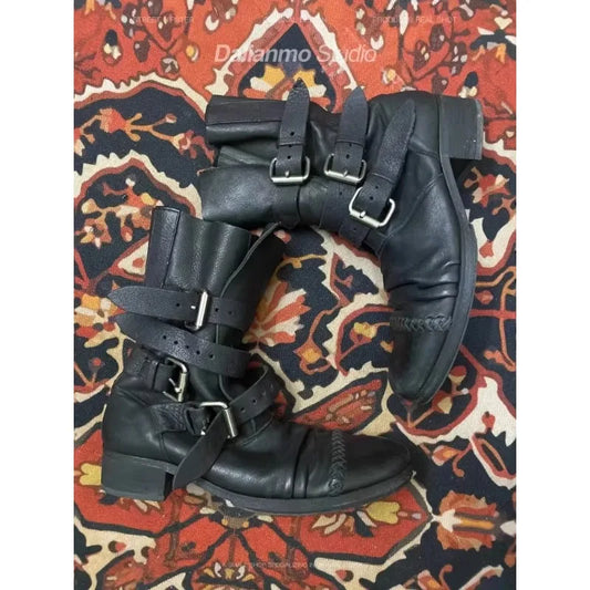 Black Multiple Buckles Pleated Mid-Calf Boots Woman Winter 2026 Round Toe Chunky Heels Punk Style Biker Boots Knight Boots