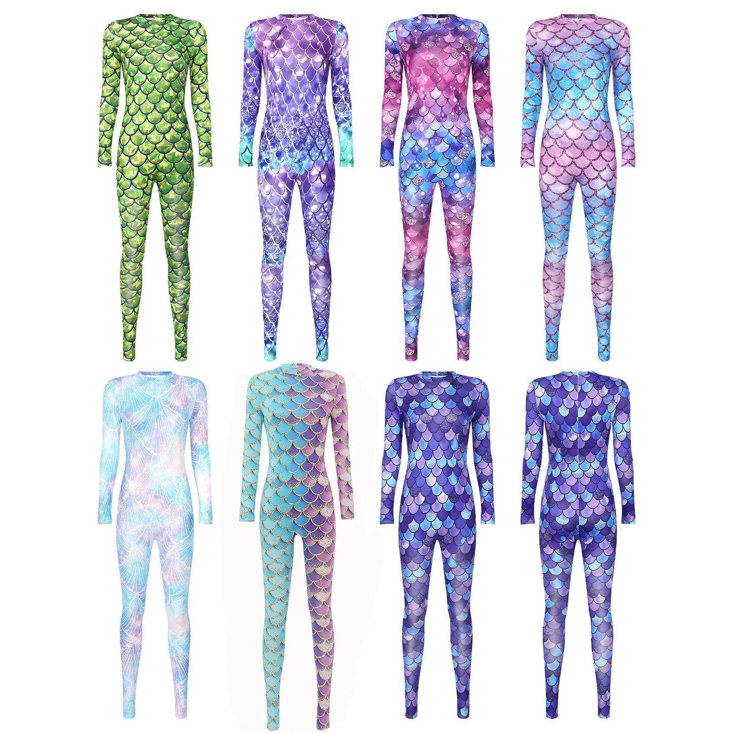 Womens Rash Guard One Piece Swimsuit Mermaid Fish Scale Print Long Sleeve Back Zipper Full Body Tops Sexy Swimwear Jumpsuit