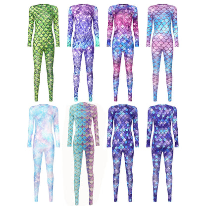 Womens Rash Guard One Piece Swimsuit Mermaid Fish Scale Print Long Sleeve Back Zipper Full Body Tops Sexy Swimwear Jumpsuit