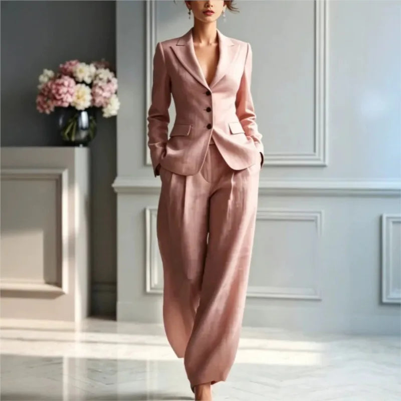 Autumn New Women's Long-sleeved Suit Shirt 2-piece Set Fashion Pocket Suit Collar Slim Temperament Female Office Trousers Suit