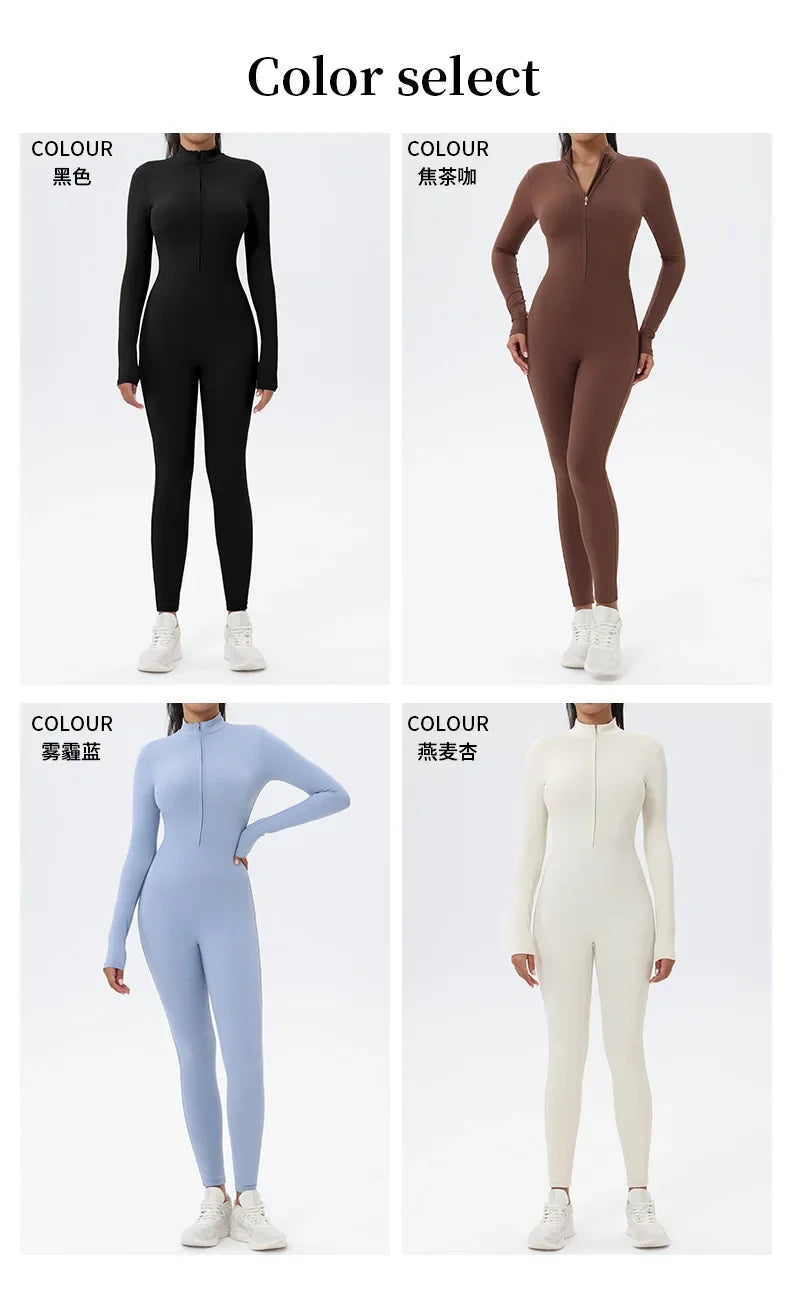 European and American popular zippered long-sleeved trouser jumpsuit slim fit hip-lifting sportswear yoga wear