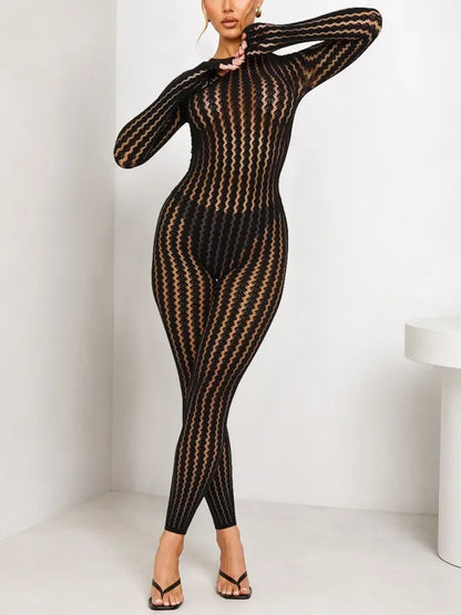 Women's Burgundy Sheer Lace Jumpsuit Long Sleeve Bodycon One Piece Romper Openwork Pattern for Party Club Evening Wear