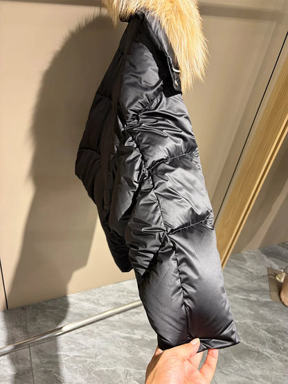 2026 New Winter Warm Women White Goose Down Jacket Real Large Fox Fur Collar Loose Short Puffer Coat Ladies Parka Outerwear