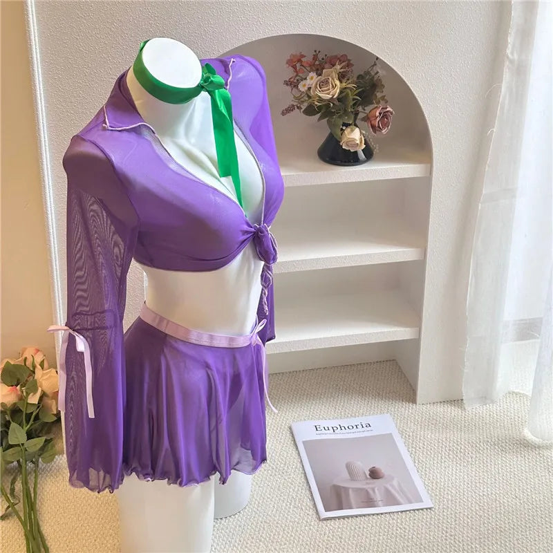 Women Halloween Daphne Sheer Mesh 4 Piece Outfit Front Tie Crop Top Flare Sleeve Mini Skirt Briefs Scarf Party Cosplay Costumes