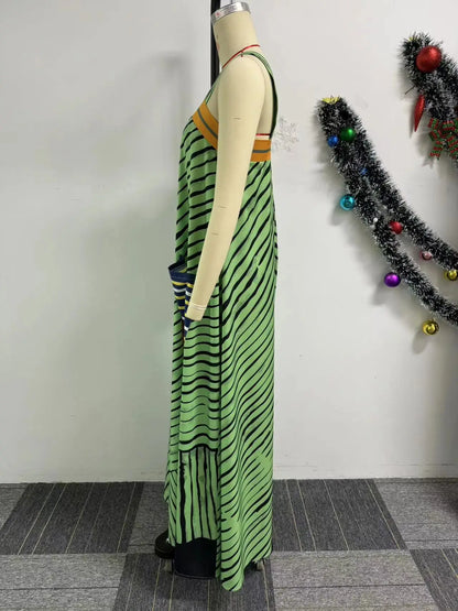 Jumpsuits Women Sling One Piece Print Striped Sleeveless Overalls Wide Leg Long Pants Loose Casual Rompers Elegant Splice