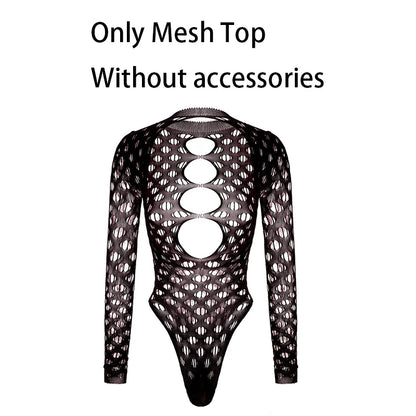 Women Bodysuit Hollow Out Fishnet Beach Cover Up, Sheer Festival Swimwear for Summer Backless Long Sleeves See-through Bodysuit