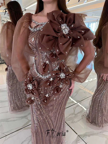Luxury Brown Beaded Mermaid Evening Dress Stunning Crystal 3D Tulle Flowers Long Sleeve Formal Party Gown Robe de Mariee 2026