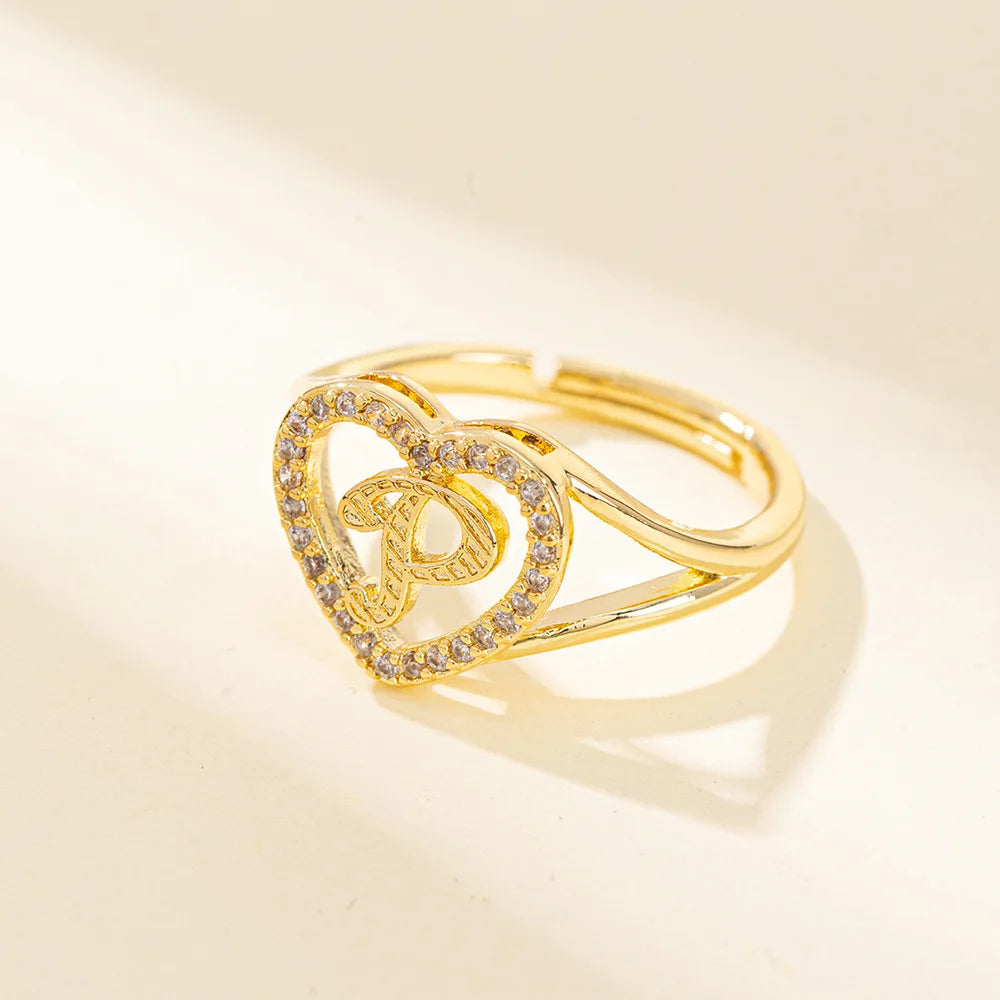 White Zircon 26 Letters A-Z Love Heart Open Adjustable Rings For Women Gold Silver Color Wedding Band Jewelry Mother's Day Gifts