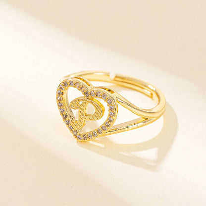 White Zircon 26 Letters A-Z Love Heart Open Adjustable Rings For Women Gold Silver Color Wedding Band Jewelry Mother's Day Gifts