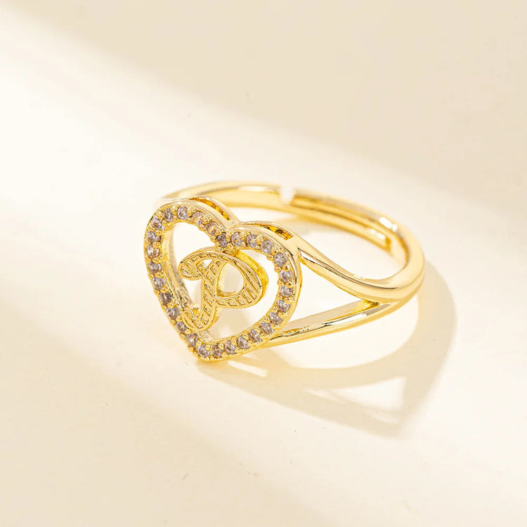 White Zircon 26 Letters A-Z Love Heart Open Adjustable Rings For Women Gold Silver Color Wedding Band Jewelry Mother's Day Gifts