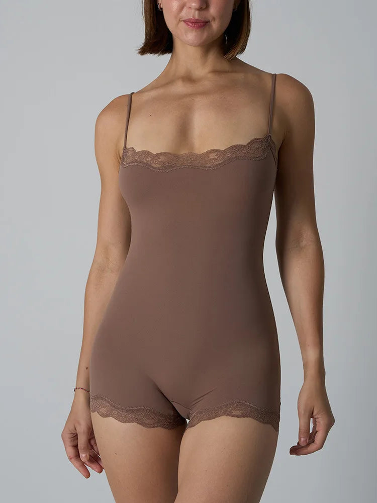 Hot Women Sexy Lace Patchwork Bodysuit Sports FitnessSkinny Shaperwear Camisole Square Neck Spaghetti Strap Slimming Bodycon
