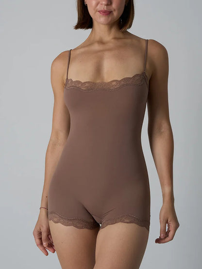 Hot Women Sexy Lace Patchwork Bodysuit Sports FitnessSkinny Shaperwear Camisole Square Neck Spaghetti Strap Slimming Bodycon