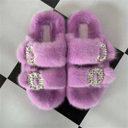 2025 New Women Fur Slippers Shoes Women Warm Winter Crystal Fur Shoes For Women Slippers Casual Plush Comfortable Mink Slippers