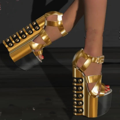 Wood Pattern Rivet Platform Hollow Sandals Wedge Heel Sexy Fashion Cool Summer Casual Big Size Woman Shoes Zapatillas Mujer