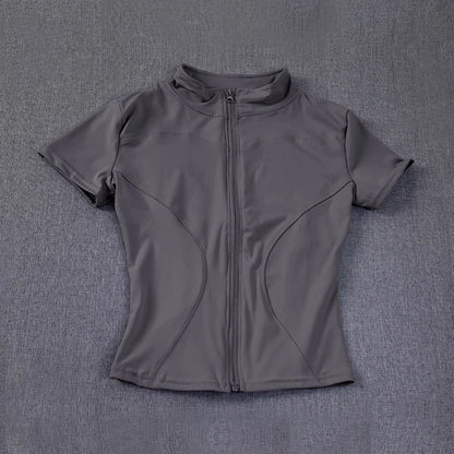 Summer High Quality Waist Slimming Training Tops Women's Quick-drying Tight Stand Collar Full Zipper Short Sleeves Yoga Shirts