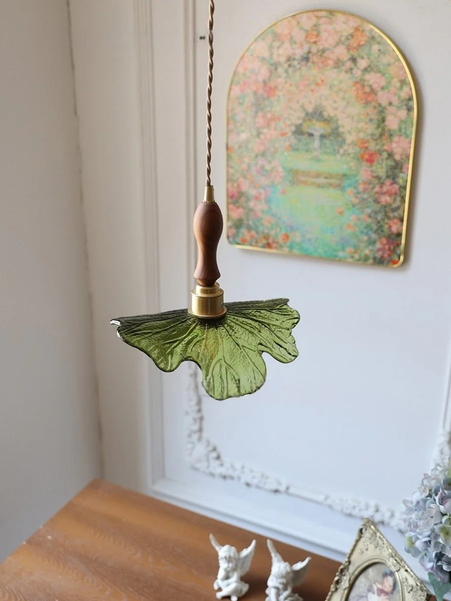 IWHD Home Decor LED Pendant Lights Kitchen Restaurant Copper Socket Flower Green Glass  Nordic Modern Walnut Wood Hanging Lamp
