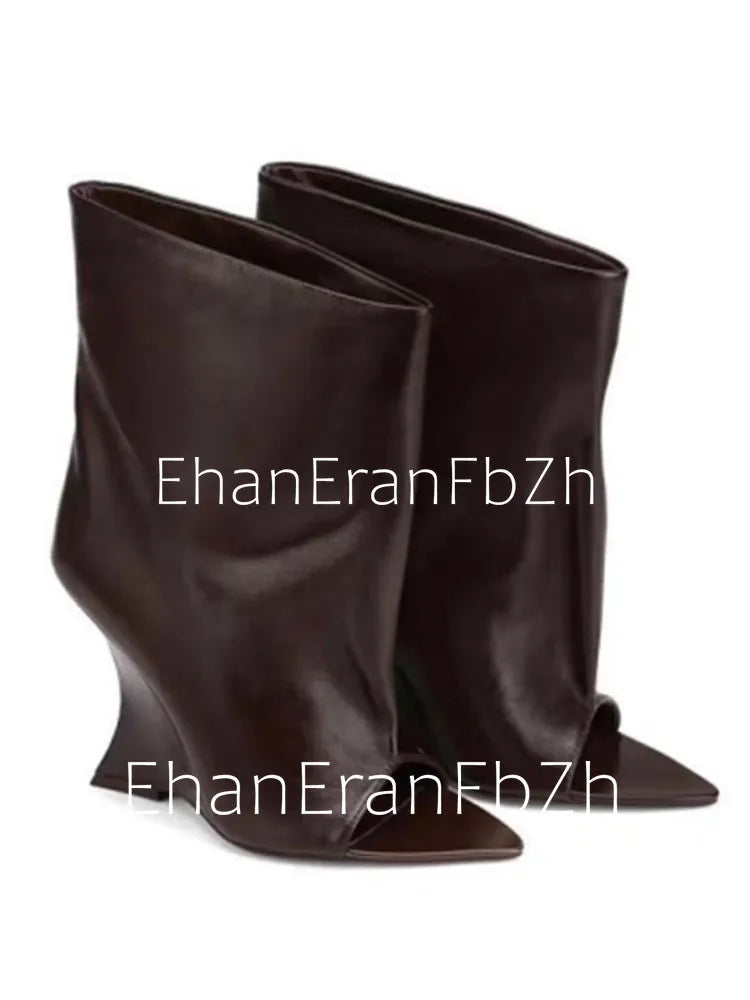 2006SoleLadies'-Spring/Summer-New-Fish-Mouth-Slope-High-Heel-Short-Boots-with-Pointed-Toe-Exposed-Cool-Boots,-Mid-Top-Boots