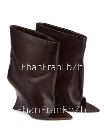 2006SoleLadies'-Spring/Summer-New-Fish-Mouth-Slope-High-Heel-Short-Boots-with-Pointed-Toe-Exposed-Cool-Boots,-Mid-Top-Boots