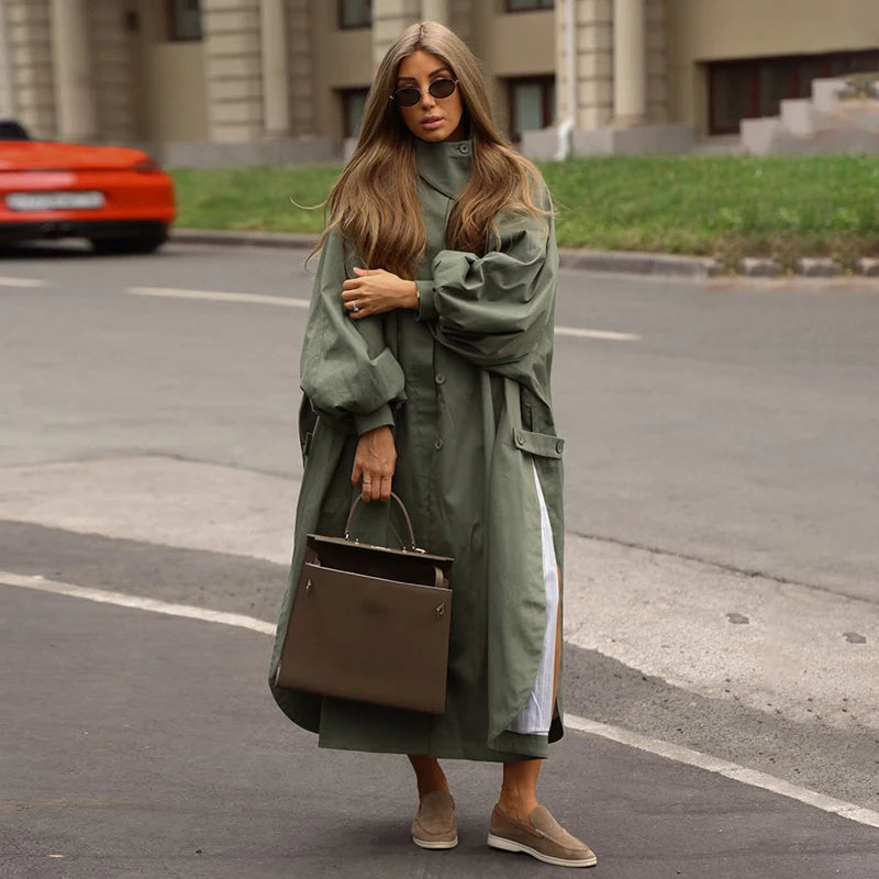 Solid Commute Women's Trench Coat Ovesized Puff Sleeve Single Breasted Long Jacket Lapel Side Slit 2026 New Autumn Lady Outwear