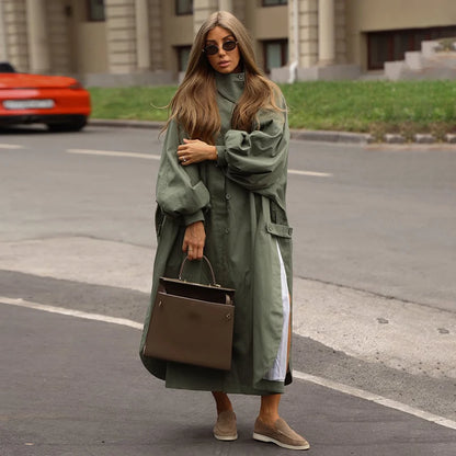 Solid Commute Women's Trench Coat Ovesized Puff Sleeve Single Breasted Long Jacket Lapel Side Slit 2026 New Autumn Lady Outwear