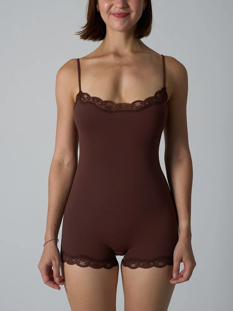 Hot Women Sexy Lace Patchwork Bodysuit Sports FitnessSkinny Shaperwear Camisole Square Neck Spaghetti Strap Slimming Bodycon