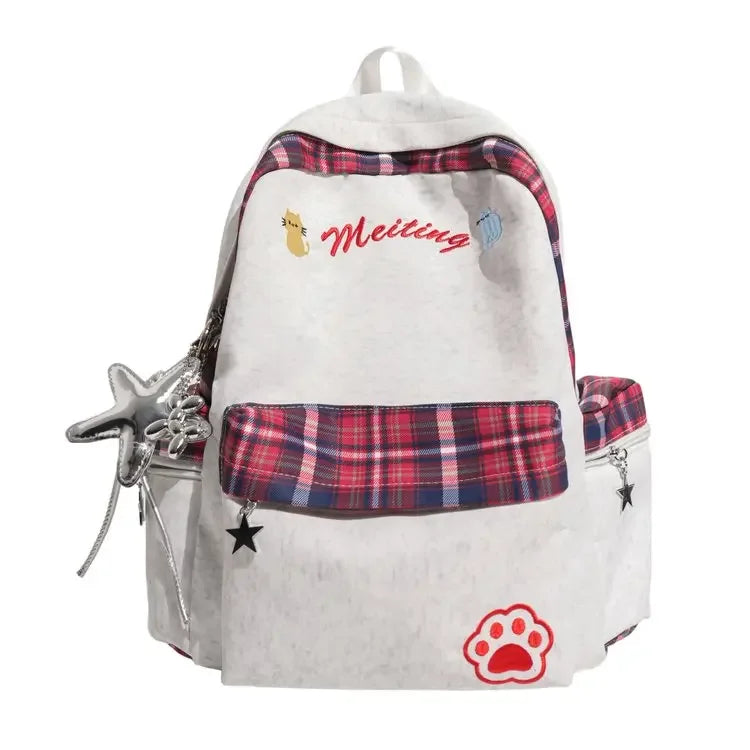 Preppy Style Blue Backpack for Girls, Plaid Spliced School Bag, Cute Nylon Daypack Star Pendant, Large Capacity Student Rucksack