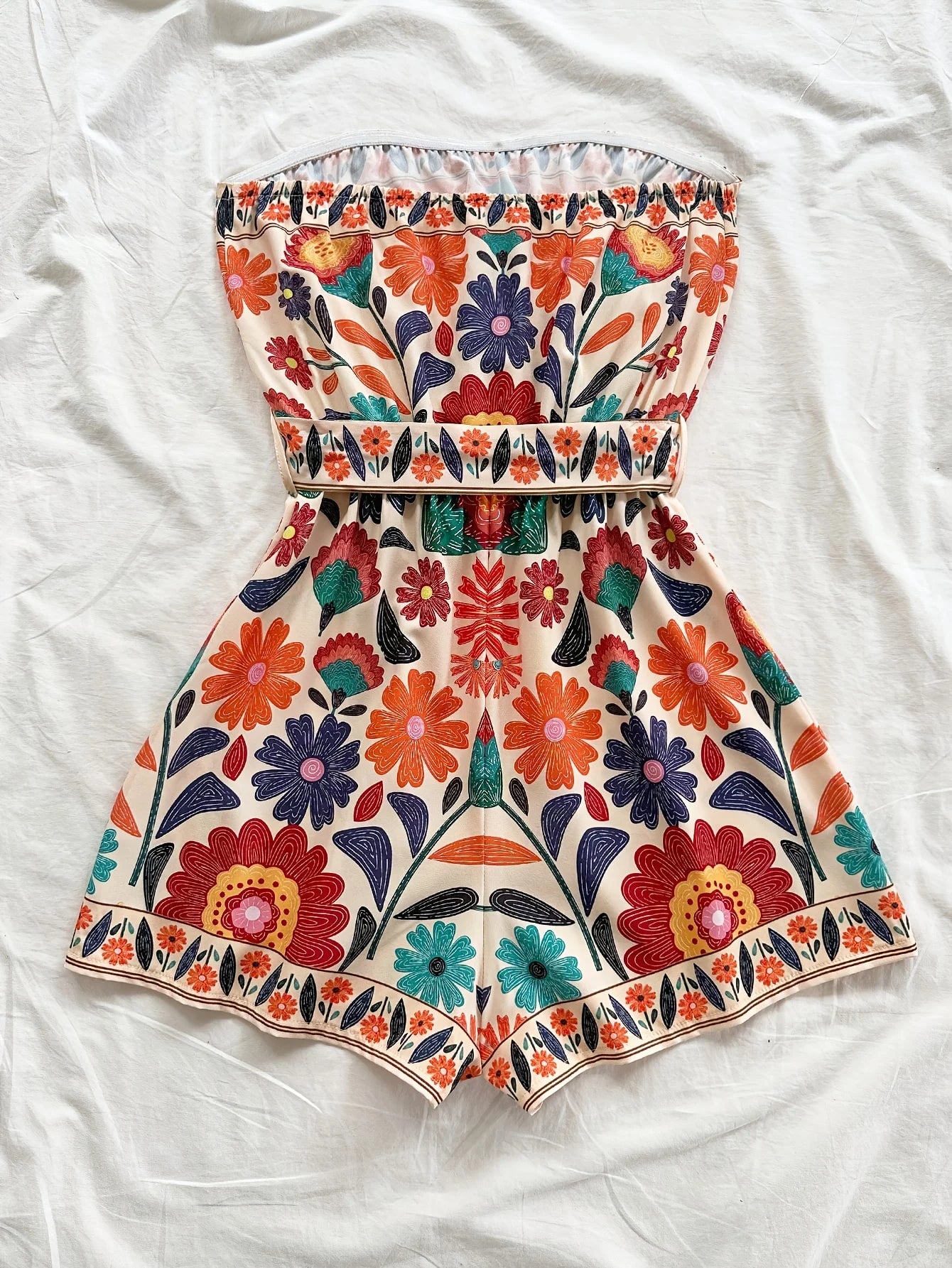 Women's Summer Colorful Folk Printed Crop Top and Shorts Jumpsuit, Suitable for Beaches, Music Festivals, Hippie Styles, Partie