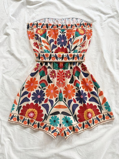 Women's Summer Colorful Folk Printed Crop Top and Shorts Jumpsuit, Suitable for Beaches, Music Festivals, Hippie Styles, Partie