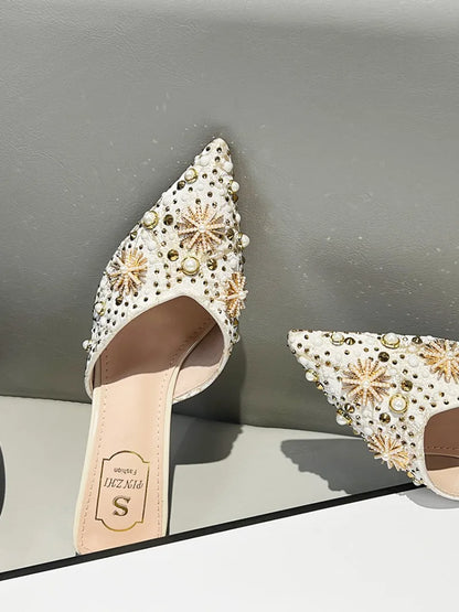 Luxury String Bead Decoration Design Brand High Heel Slippers Women Shiny Rhinestone Slide Sandals Elegant Wedding Bridal Shoes