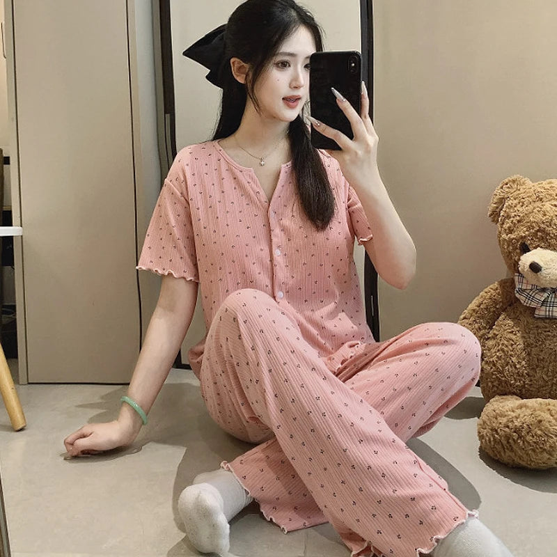 Cotton Fabric Floral Cardigan Printed Pajamas for Women Short-Sleeved Top and Long Pants Sleepwear Homewear Set Ladies Nightwear