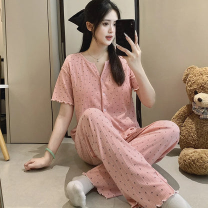 Cotton Fabric Floral Cardigan Printed Pajamas for Women Short-Sleeved Top and Long Pants Sleepwear Homewear Set Ladies Nightwear
