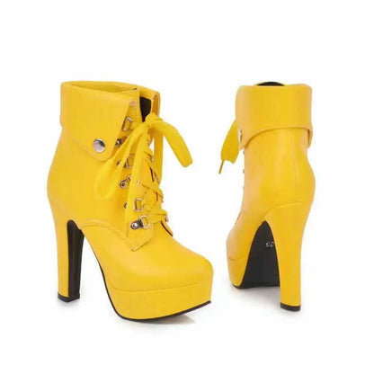 Autumn Waterproof Platform Chunky White High Heels for Women Solid Color Round Head Front Lace-up Low Leg Punk Rivet Ankle Boots