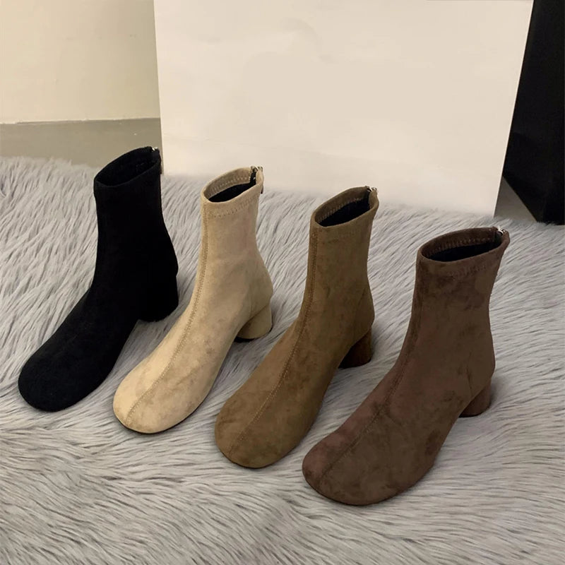 Suede Women Ankle Boots Elegant Chunky High Heels Shoes Fashion Retro Designer Shoes Woman Winter Boots 2025 Trend Mujer Zapatos