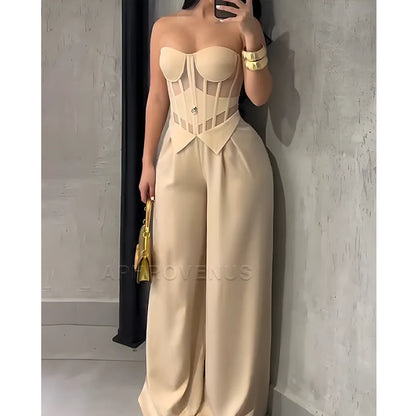 Women's Sexy Strapless Solid Color Jumpsuit Slimming High Waist Wide Leg Long Pants Elegant Party Romper Classy Clubwear Outfit