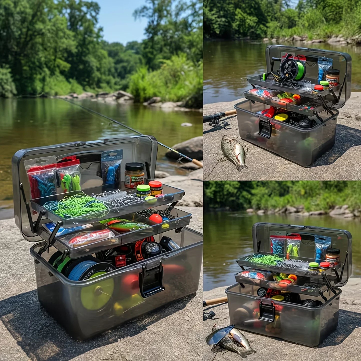 Durable PE Fishing Gear Box | Large Capacity, Black Transparent Design | Built-in Lock, Heavy-duty
