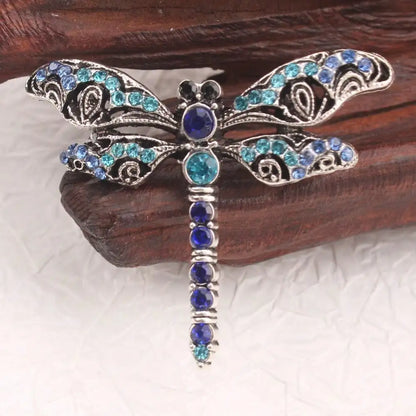 Vintage Silver-Tone Dragonfly Brooch - Blue & Green Rhinestones, Intricate Filigree Design, for Daily Outfits, Ideal Gift