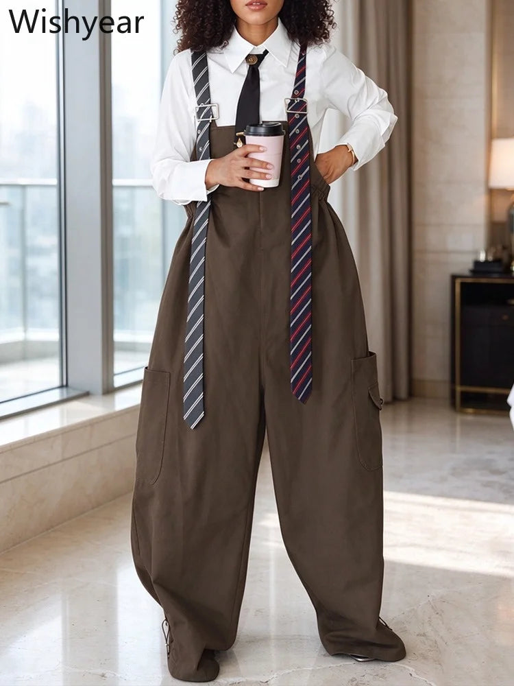 Women’s Overalls Jumpsuit Long Sleeve Shirt Style Patchwork Tie Detail Wide Leg Cargo Pants Casual Office Work Party Streetwear